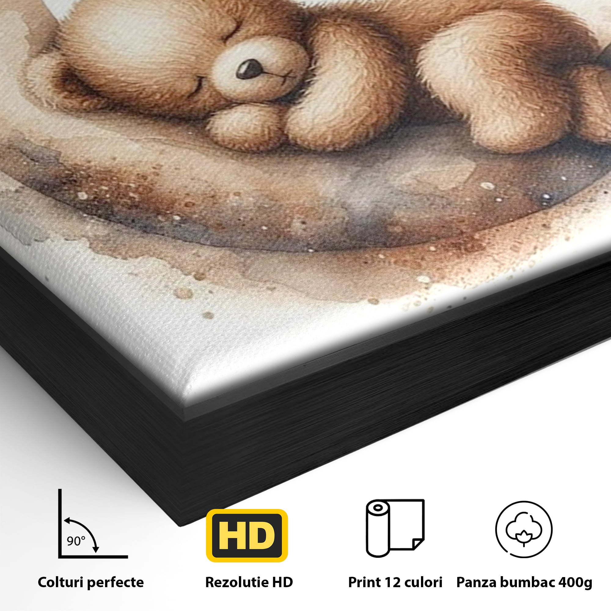 Detaliu al suprafetei: ursulet pufos dormind pe semiluna, in rama de aluminiu negru